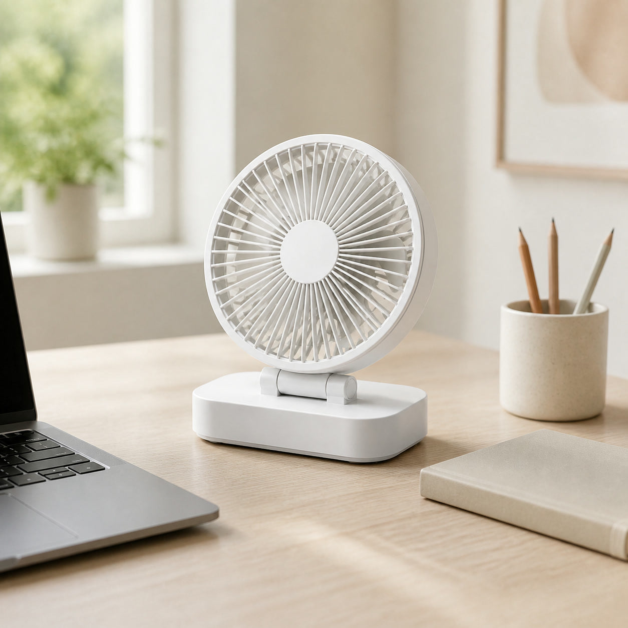 Brise Desk 5 – Ventilateur de bureau pliable rechargeable, 5 vitesses – échelle en situation